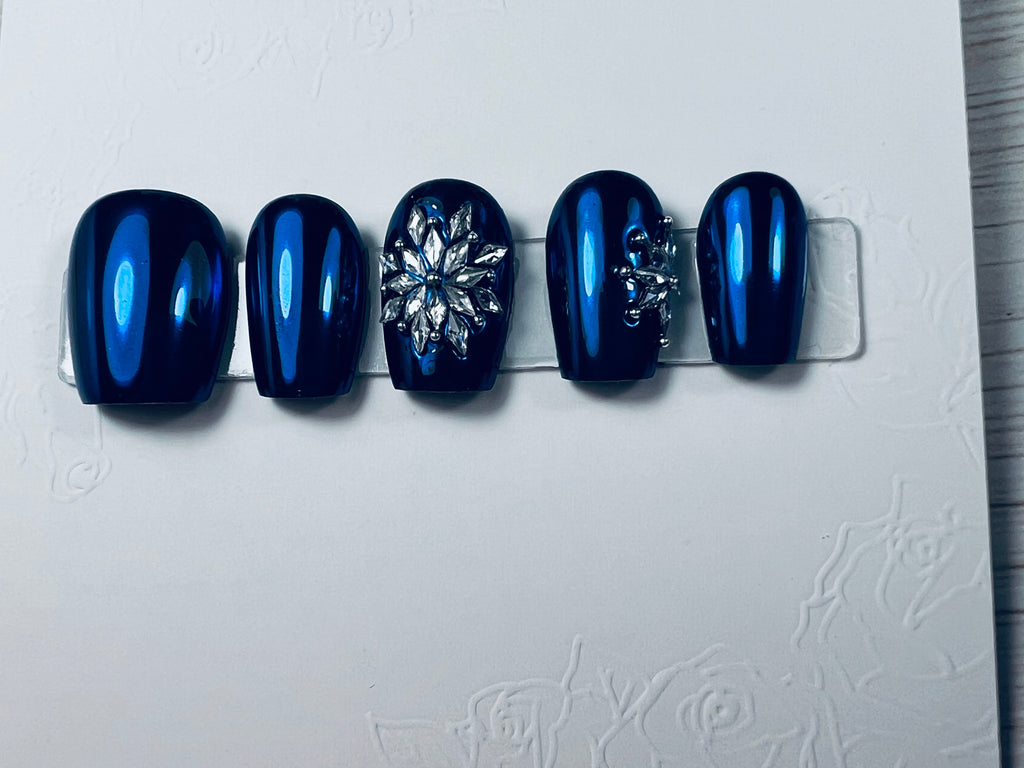 Blue Chrome Christmas Snowflake Press On Nails