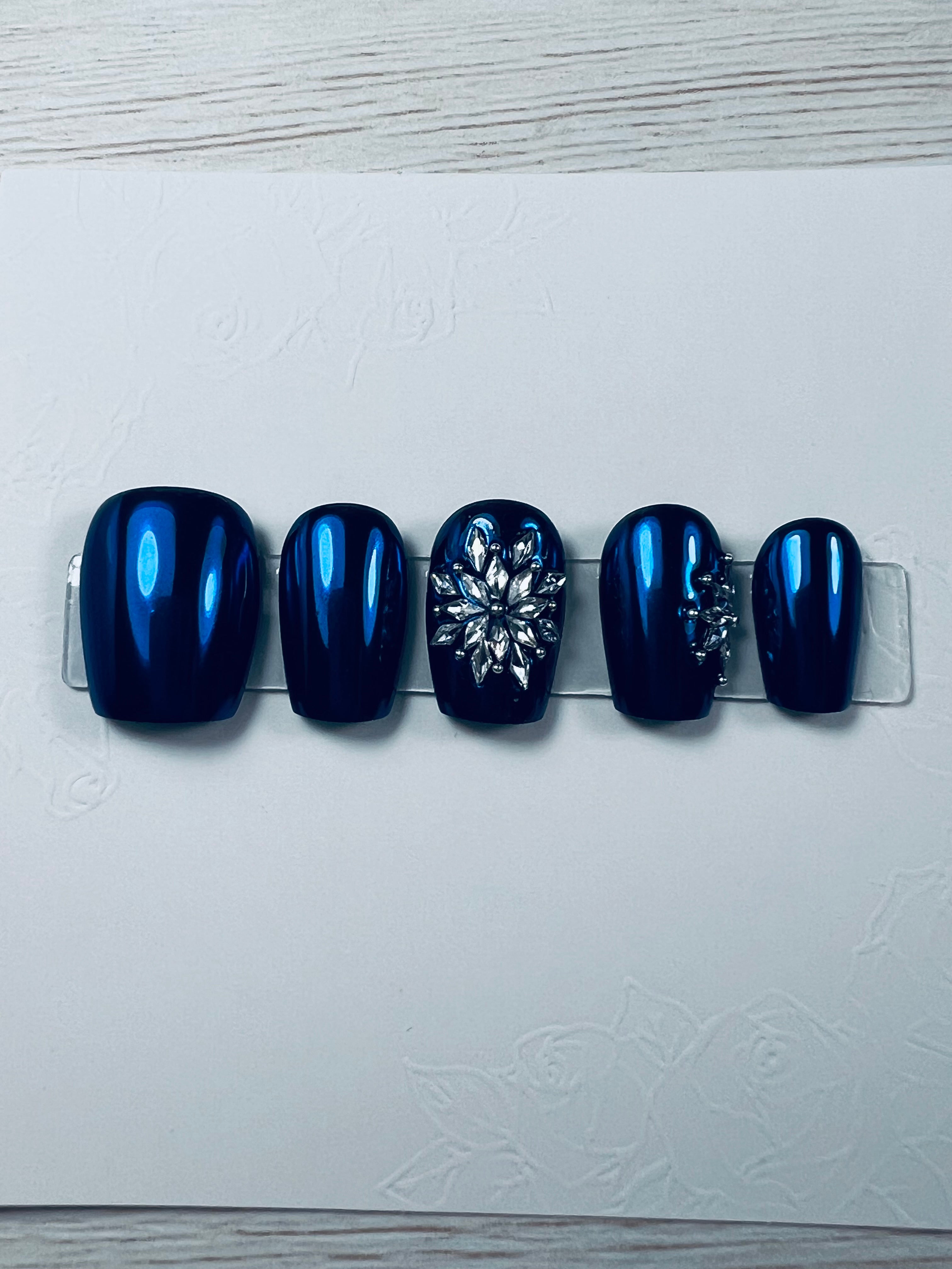 Blue Chrome Christmas Snowflake Press On Nails