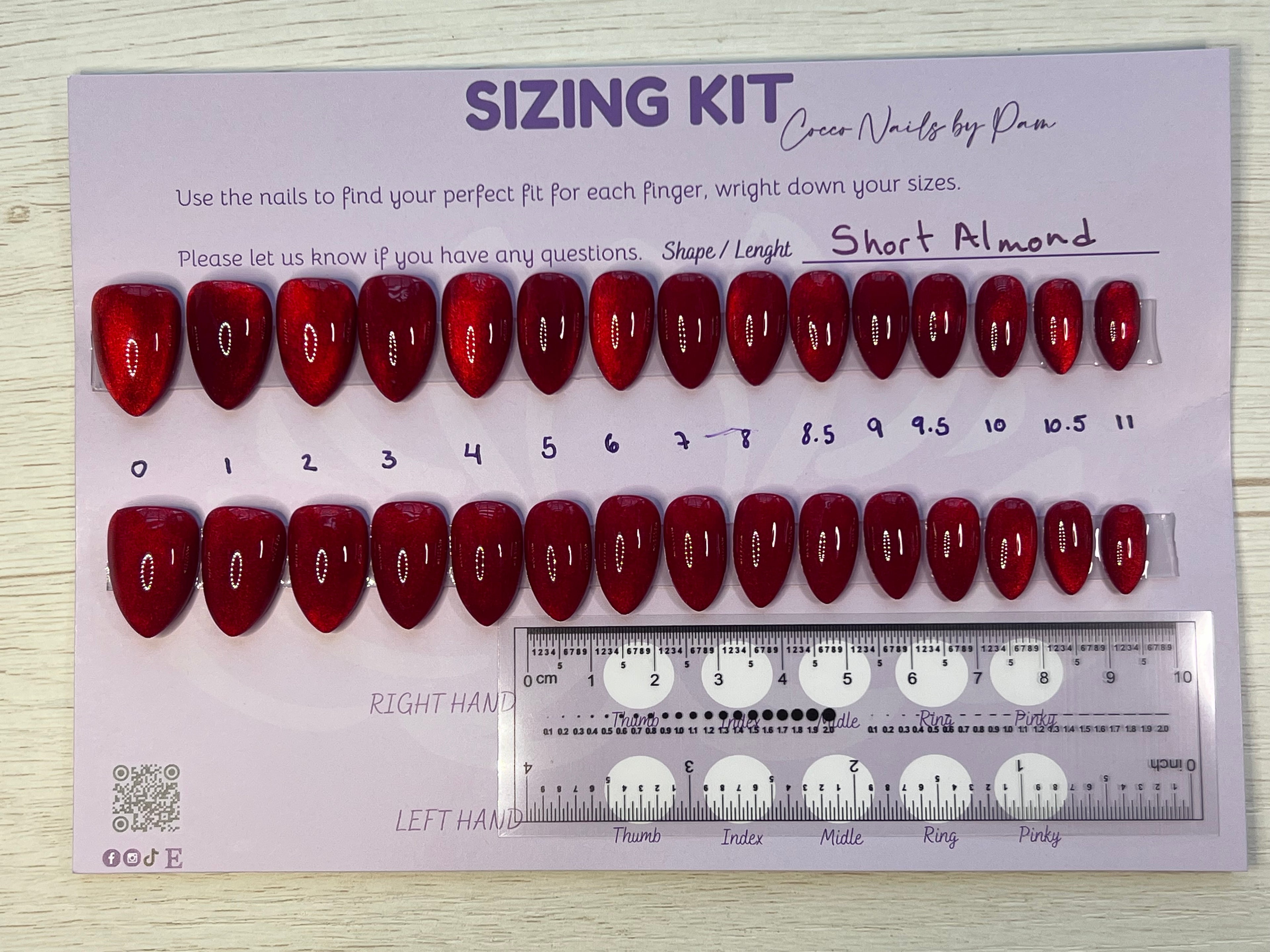Red Rubi Cat Eye Ready to Wear Press On Nails Sizing Kit with Ruler